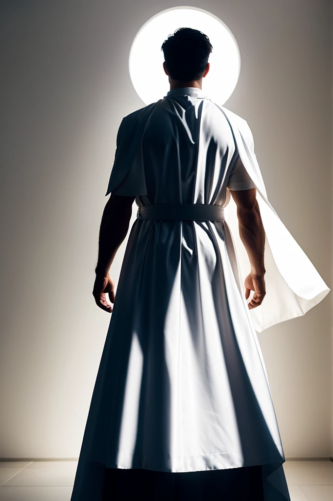 Create an animated white silhouette for kids of a strong man from behind with a half-length cape up