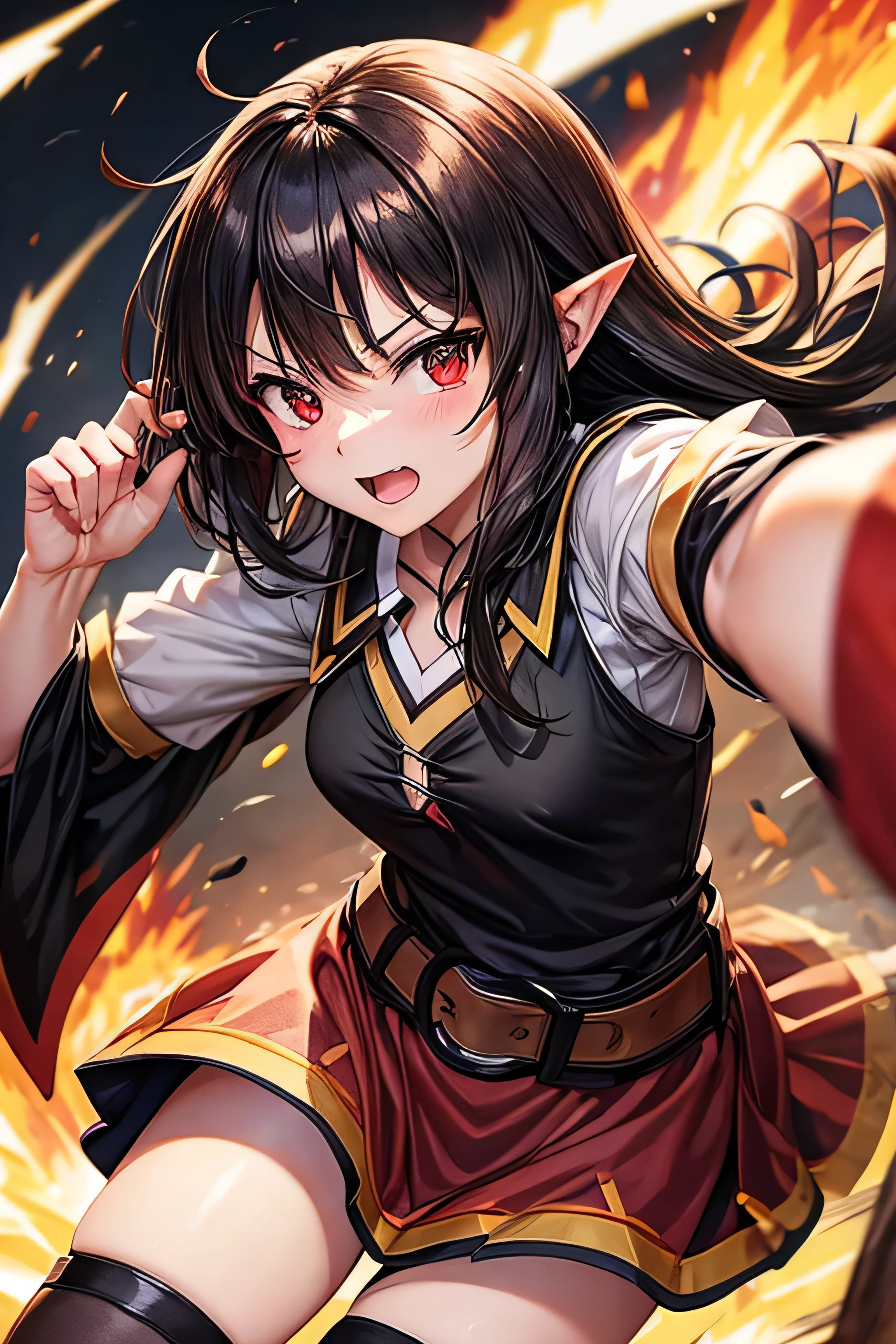 Megumin, pointy ear, Bblack hair, black eye, background explosion.
