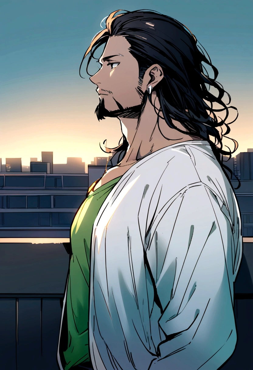 40 year old man, long black hair and slightly curly shoulder length, dull black eyes, goatee, green tank top, white shirt inside.