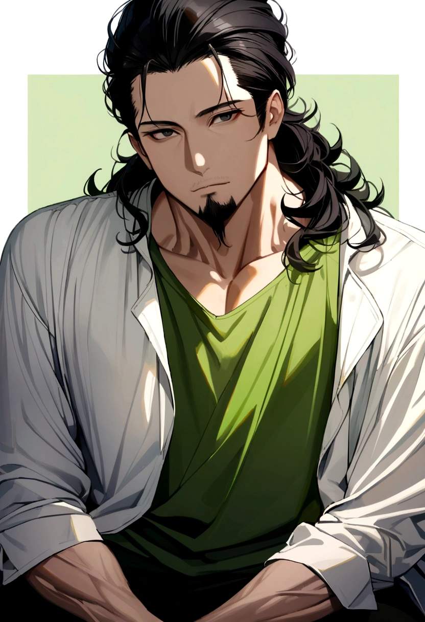 40 year old man, long black hair and slightly curly shoulder length, dull black eyes, goatee, green tank top, white shirt inside.