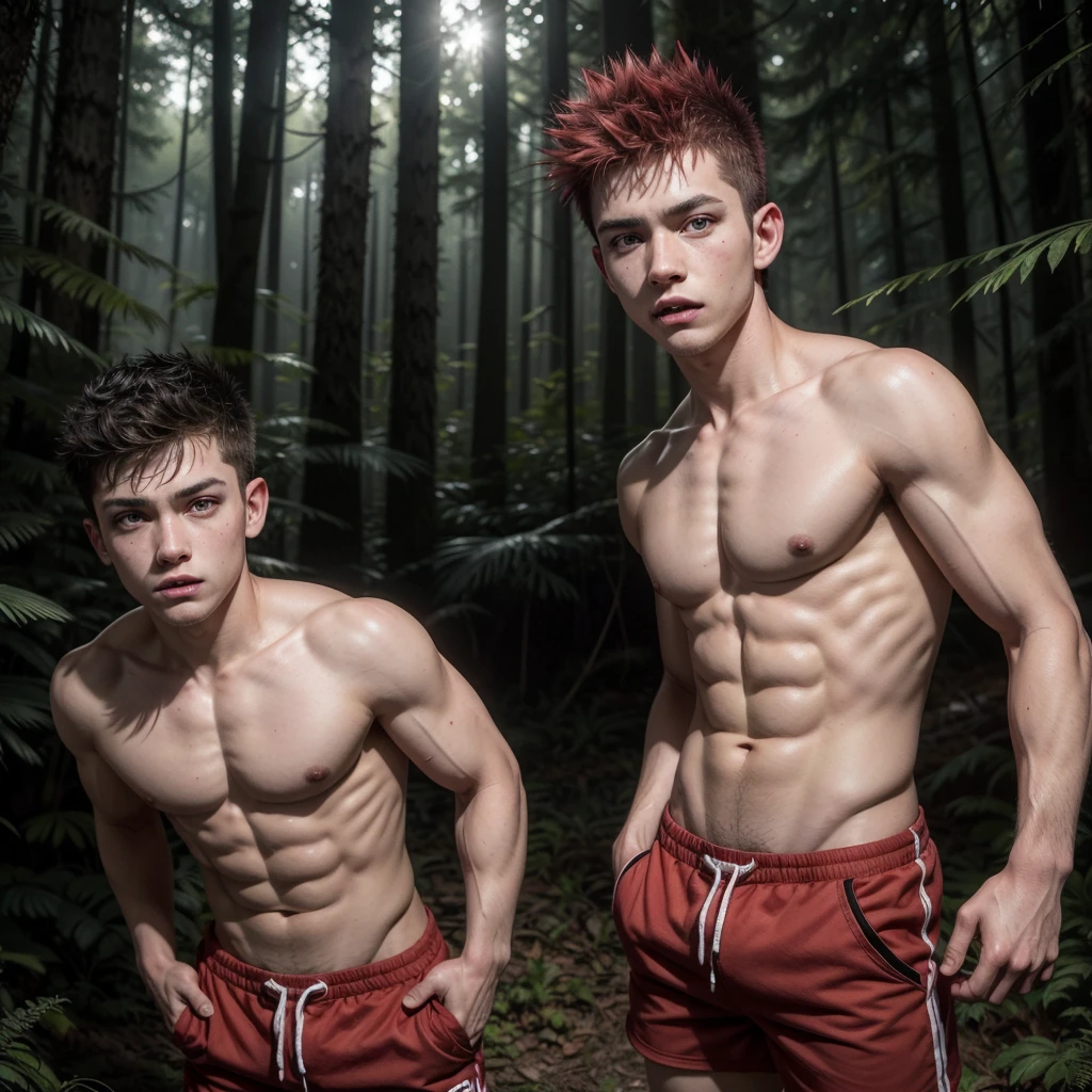A creature that looks like a short boy, with red, spiked hair , slim face bright eyes , big teeth , brunette skin , shirtless and with torn shorts in the forest at night