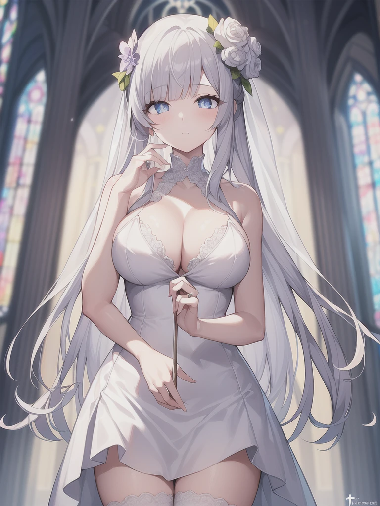 A girl,long hair, Bangs, White hair, Hair between the eyes, Purple Eyes:(1.5), (Large Breasts:1.2),
rest 锁骨, Wedding dress,veil,wedding,White dress,Flowers,Broken skirt,White socks,Tights,White knee socks,
looking at viewer, whole body,
indoors, church,Standing,Standing,
rest (masterpiece:1.2), best quality, high resolution, Unity 8k Wallpaper, (illustration:0.8), (Beautiful and delicate eyes:1.6), Extremely detailed face, Perfect lighting, Extremely detailed CG, (Perfect hands, Perfect anatomical structure),