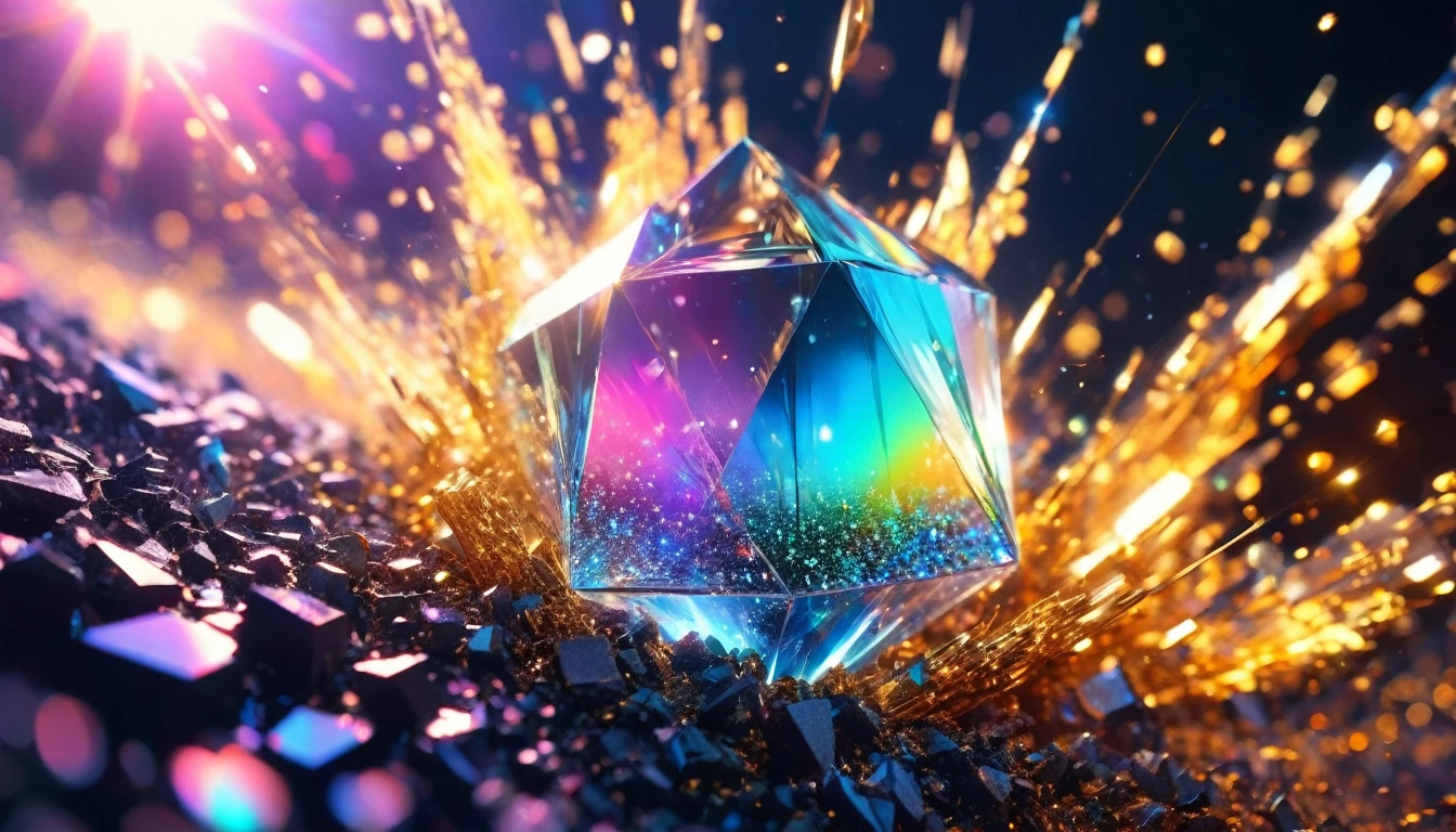 Create a stunning 3D illustration with a glass prism at the center, surrounded by an explosive burst of fine metallic particles. Each particle should glow with a metallic sheen. The dynamic spread of these particles against a solid glass backdrop should create a striking contrast, highlighting the glass prism and emphasizing the brilliance of the metallic elements.