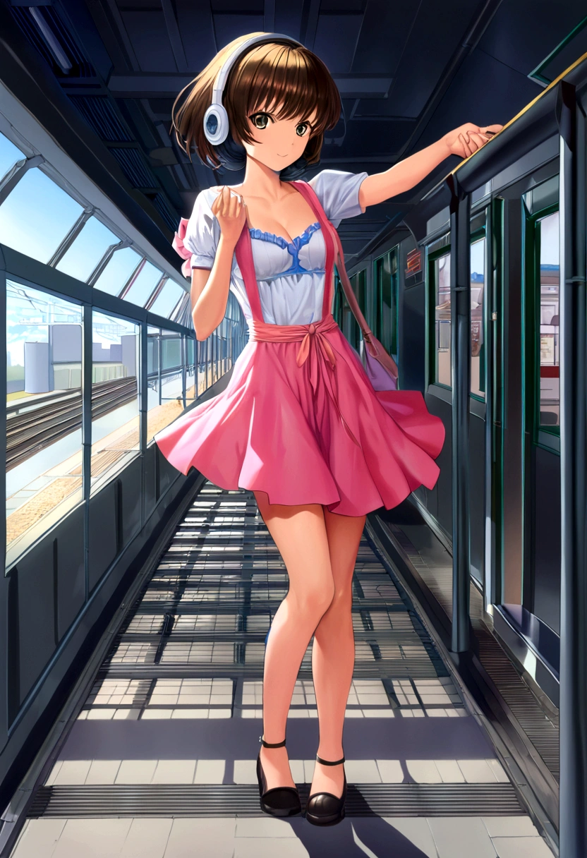 masterpiece, (((wearing headphones))). (anime girl posing). ((1990s anime)). ((City Pop girl)). Gorgeous features . Hyper detailed. High definition. Anime style. HDR. 8k. This contrast between the fantastical character and the more bold color scheme and elements gives the piece an intriguing narrative quality. painted realism, photorealistic, fantasy digital art,Render Related Information: 32K resolution,Expressive details, Season: summer, Time: Dawn, (((Waiting on the station platform to catch the train before going to school ))),full body,smile.Moonlight illuminates the dimly lit room.90s,short hair girl,beautiful girl,(((A woman whose back can be seen up to her waist))),(woman from behind),