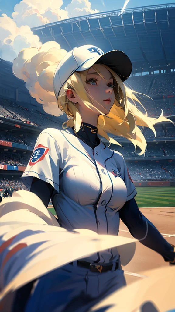 Baseball uniform、Blonde、Upper Body、Large Breasts、Stadium、cumulonimbus、Subjective