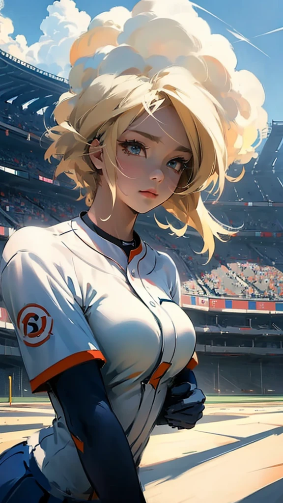 Baseball uniform、Blonde、Upper Body、Large Breasts、Stadium、cumulonimbus、Subjective