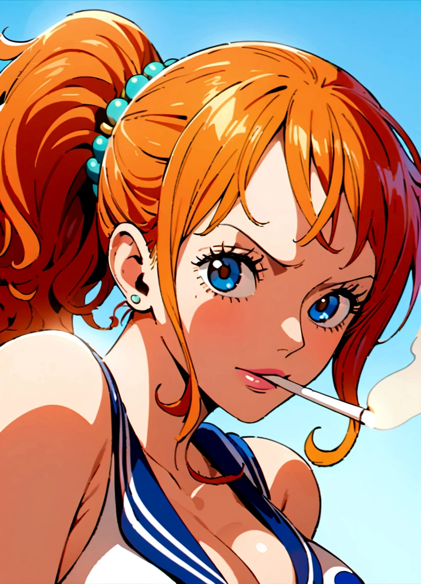 sailor girl with a big breast and a big breast, nami one piece, nami from one piece, beautiful portrait of nami, nami, from one piece, smoking, blue eyes, ponytail