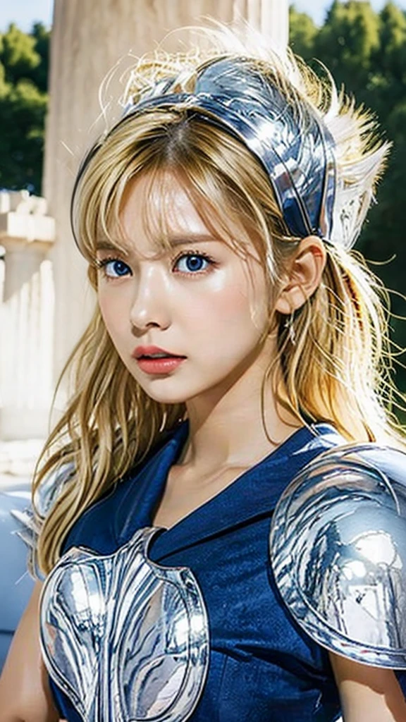 masterpiece, Highest quality, 超High resolution, Realistic skin texture, Armature, (Realistic:1.4), High resolution, RAW Photos, Shiny skin, (Detail Skin:1.2), Realistic skin texture, Best lighting, (Perfect breasts:1.3), Shine, Dramatic lighting, Dynamic pose, (Greek temple background:1.3), Night Sky, universe, milky way, One Girl, (Short Blonde:1.5), Cygnus_Hyoga, (Blue Shirt:1.2), (Helmet:1.2), Silver Plate Armor, Scapula