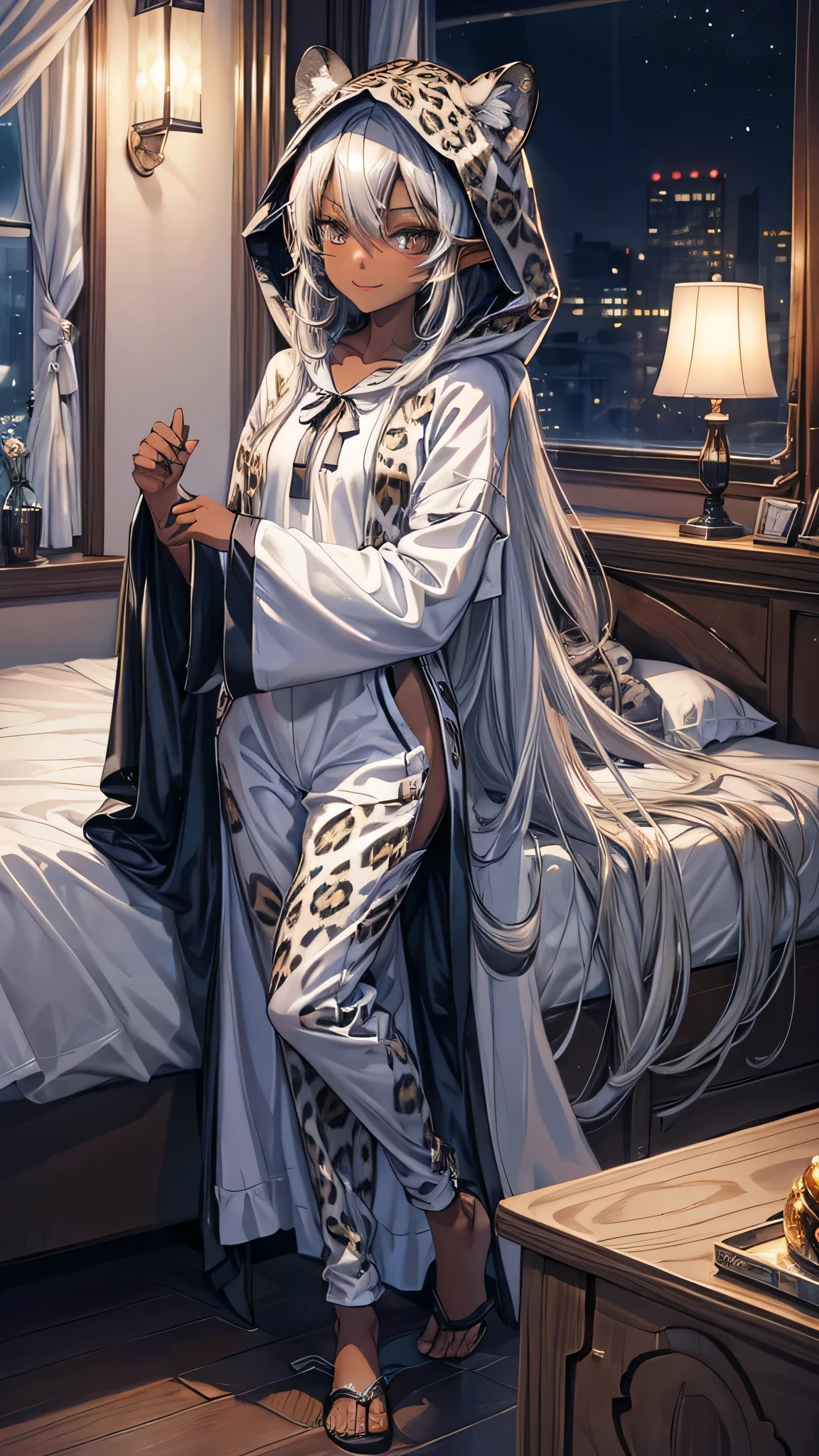 (Kigurumi pajamas style) (dark skin, 1000 yo, solo:2 straight silver hair long hair sexy elf woman, detailed silver eyes, sexy smile), (in a leopard:1.3 hooded, leopard kigurumi), break, in the lovely bedroom of night, BREAK, masterpiece, best quality, 16k, beautiful detailed night, daydreaming expression.
