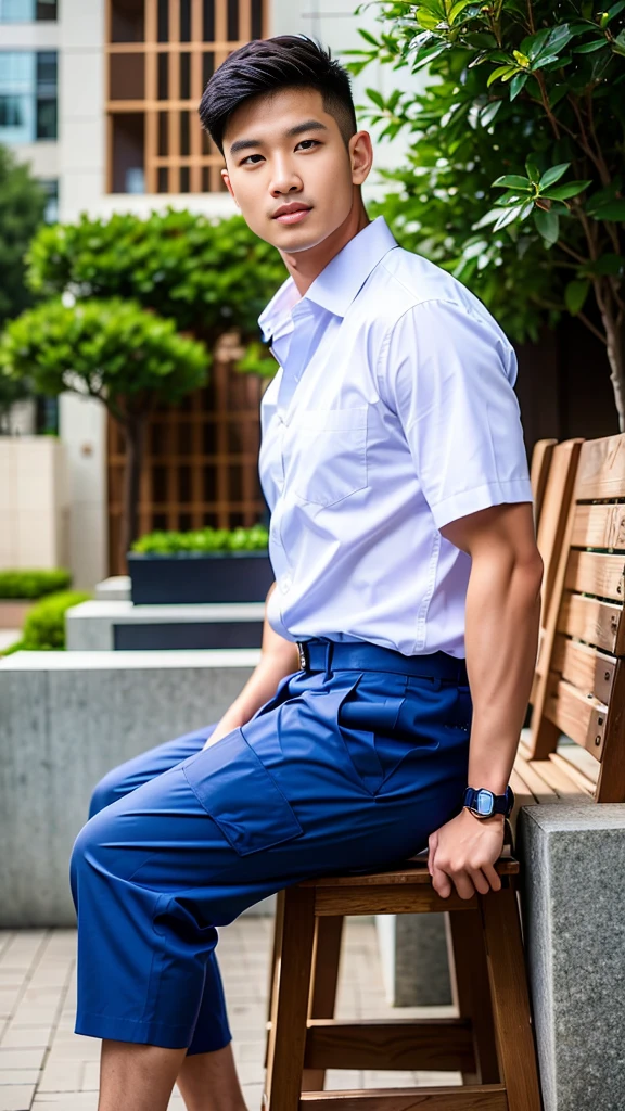 Masterpiece, best quality, High quality, วอลล์เปเปอร์ CG unity 8k ที่มีvery detailed, depth of field, HDR,,photorealistic,very detailed, 1 man sitting on a chair, Asia, black short hair, , (Thai , white shirt), blue cargo shorts, chest muscles, Big arm muscles, blood vessel, big muscles, Broad shoulders, looking at the audience, Balancing the eyes, (Make eye contact) (outside the building:1.3)