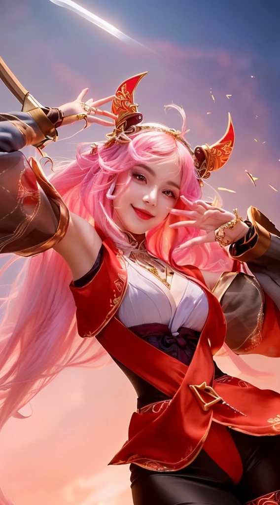 a close up portrait of a beautiful girl with long pink hair,extremely detailed and realistic face and eyes,radiant smile,delicate facial features,elegant onmyoji outfit,ornate headdress,mystical aura,dramatic lighting,cinematic composition,highly detailed,photorealistic,masterpiece,8k,ultra-detailed,studio lighting,vibrant colors,fantasy,digital art
