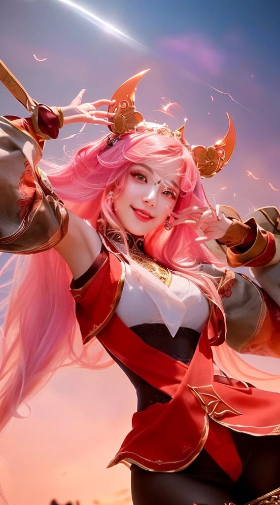 a close up portrait of a beautiful girl with long pink hair,extremely detailed and realistic face and eyes,radiant smile,delicate facial features,elegant onmyoji outfit,ornate headdress,mystical aura,dramatic lighting,cinematic composition,highly detailed,photorealistic,masterpiece,8k,ultra-detailed,studio lighting,vibrant colors,fantasy,digital art