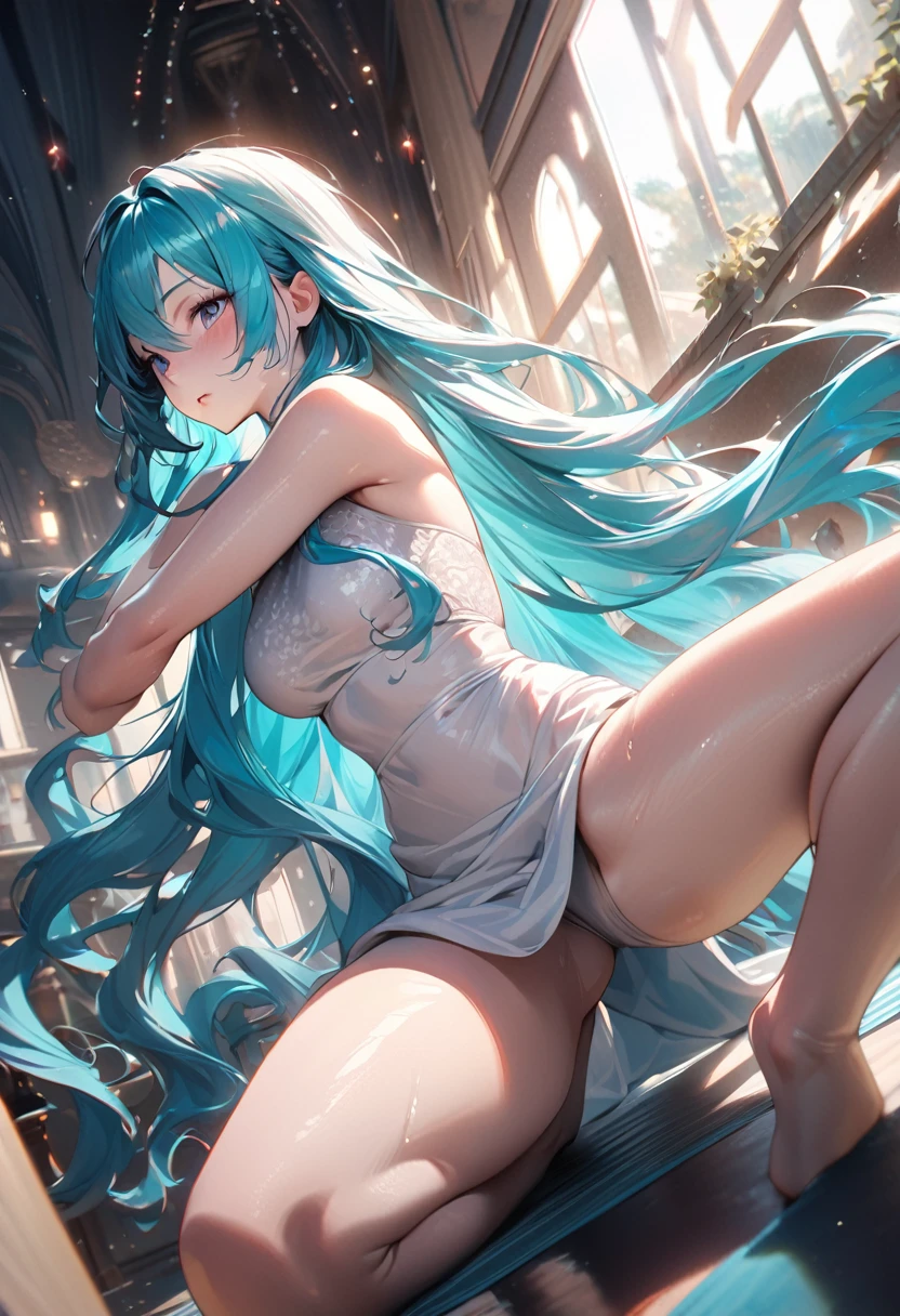 a beautiful, detailed 1girl, hatsune miku, doing yoga, in a seductive pose, dynamic dutch angle view, high angle, masterpiece, 1.2, 8k, hyperrealistic, ultra-detailed, realistic lighting, vibrant colors, volumetric lighting, intricate details, elegant, graceful, ethereal, glowing skin, long flowing hair, cinematic composition