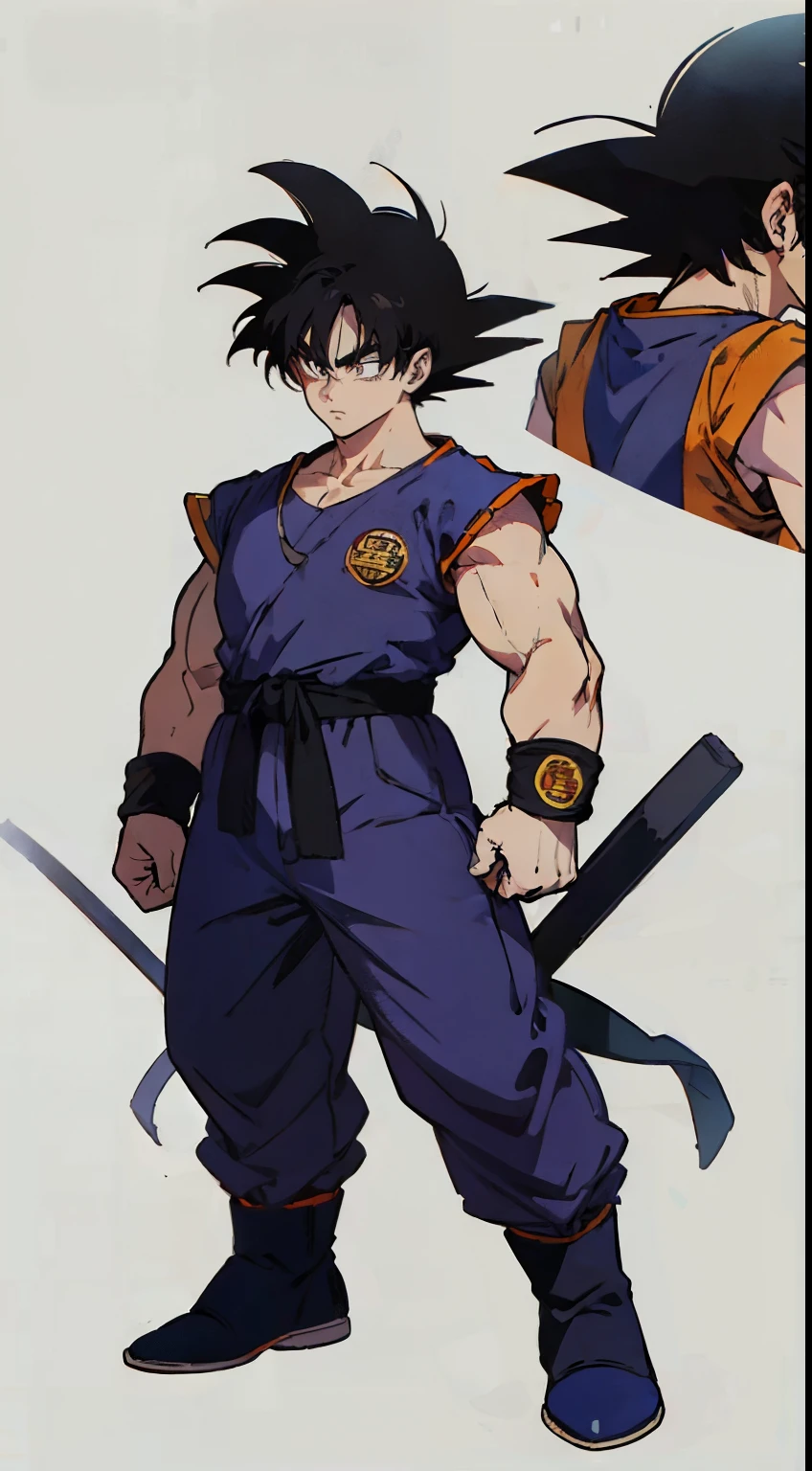 Multi view, front view, front view, side view, rear view, concept art, 1boy, male focus, solo, black hair, kim dokja, full body, white background, spiked hair, boots, exercise suit, standing, simple background, wristband, goku, hands clenched, arms sides, super saiyan 1, belt, blue footwear