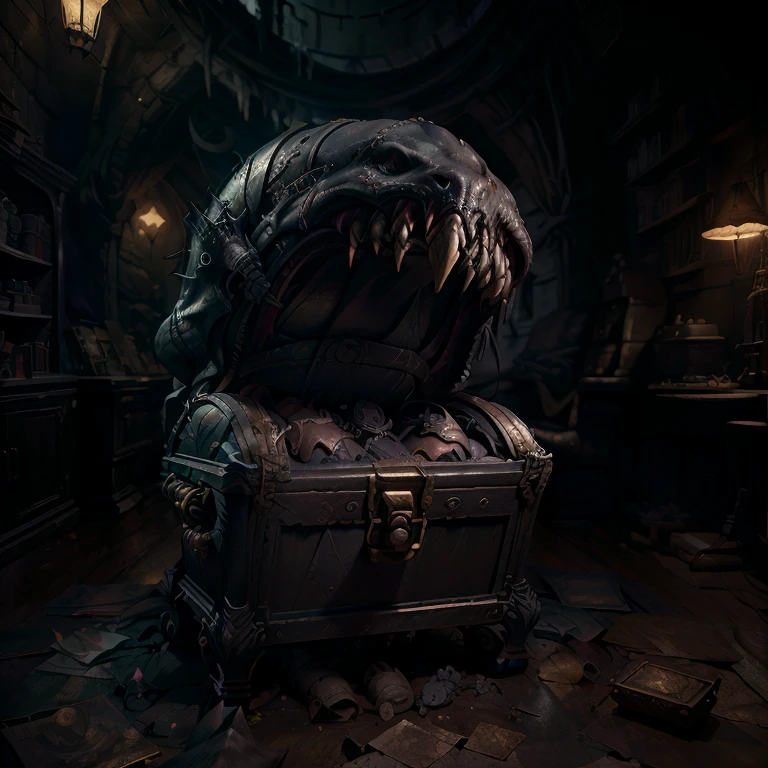 A monster disguised as a treasure chest:1.9、An adventurer is swallowed by a mimic、Big fangs、Blood、Scream、Dark and gloomy cave、Dark fantasy、Horror、oil、(Highest quality、8K、High resolution、masterpiece:1.2)、Super detailed、(Real、Photorealistic、Photorealistic:1.37)、HDR、Studio Lighting、Extremely detailed depiction、Dramatic lighting、Cinematic、Moody atmosphere、Rich color palette、Dramatic Shadows、Ominous atmosphere