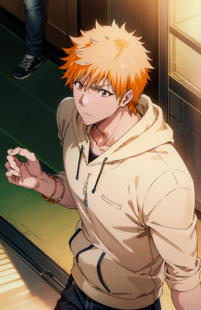 Ichigokurosaki, Ichigo Kurosaki, short hair, Orange Hair, Spiked Hair, (Brown eyes:1.5),
Oversized yellow hoodie,jeans,White sneakers,Walking,So that the whole body goes into the illustration,Daytime,Cold Sky, 
break looking at viewer, Upper Body,
break indoors, classroom,
break (masterpiece:1.2), Highest quality, High resolution, unity 8k wallpaper, (figure:0.8), (Beautiful attention to detail:1.6), Highly detailed face, Perfect lighting, Highly detailed CG, (Perfect hands, Perfect Anatomy),