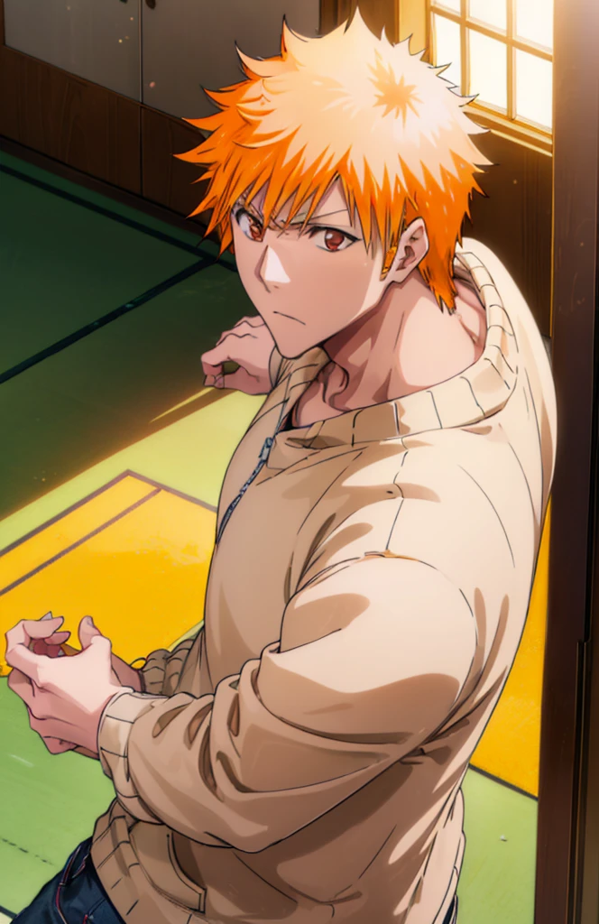 Ichigokurosaki, Ichigo Kurosaki, short hair, Orange Hair, Spiked Hair, (Brown eyes:1.5),
Oversized yellow hoodie,jeans,White sneakers,Walking,So that the whole body goes into the illustration,Daytime,Cold Sky, 
break looking at viewer, Upper Body,
break indoors, classroom,
break (masterpiece:1.2), Highest quality, High resolution, unity 8k wallpaper, (figure:0.8), (Beautiful attention to detail:1.6), Highly detailed face, Perfect lighting, Highly detailed CG, (Perfect hands, Perfect Anatomy),