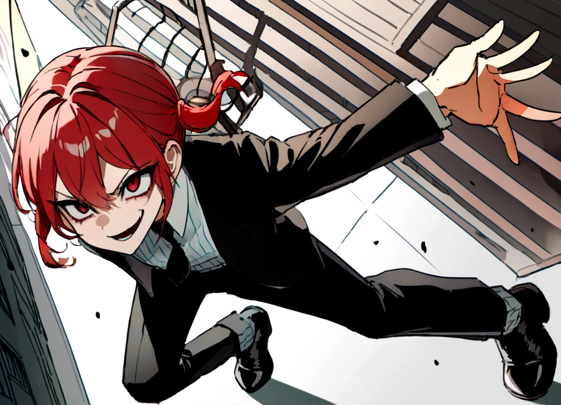 Red hair、Black suit、Black slacks、Wearing leather shoes、swinging a silver metal baseball bat、Scary smile、In town、Daytime
