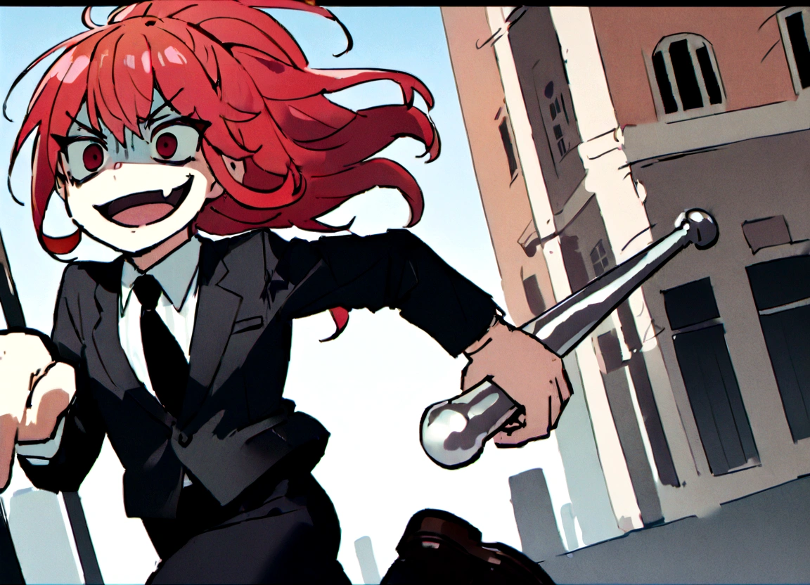 Red hair、Black suit、Black slacks、Wearing leather shoes、swinging a silver metal baseball bat、Scary smile、In town、Daytime
