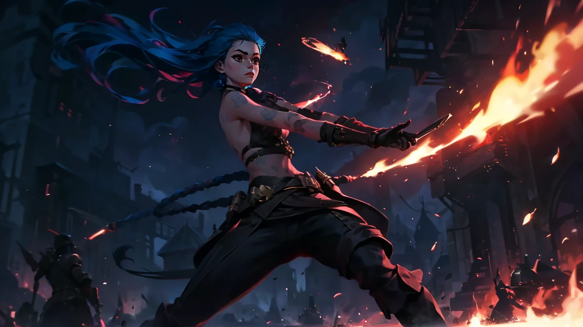 (masterpiece, Best quality), 1 girl, portrait, very sexy, crazy look, smile, crying, pink tears, tears on the cheeks, tears from eyes, full length (full body 1.1.), очень feminine, fighting stance, battle, fire, explosions, burning city, Beautiful waist, gloomy composition, flame, fire, Flash, very beautiful, feminine, long hair, hair braided in long braids, very sexy, tight leather pants, emphasis on the eyes, face accent, Beautiful face, Hands, Hair, Haired ponytail, red purple eyes, Джинкс crying, Blue cloud tattoo, (masterpiece, Best quality), Side lighting, beautiful detailed eyes, crazy face), (Best quality), (masterpiece), magic photography, Spectacular lighting, Photorealism, ultra detailed, интимная portraitная композиция, 1. 4,8 k UHD, aesthetic, Cd., A high resolution, 8 k, better lighting, Best shade, Ultra-HD, A high resolution, sharp focus, Complex background, Cinematic lighting, ((Landscape view)), 4K block, (better lighting), ((Cinematic lighting)),