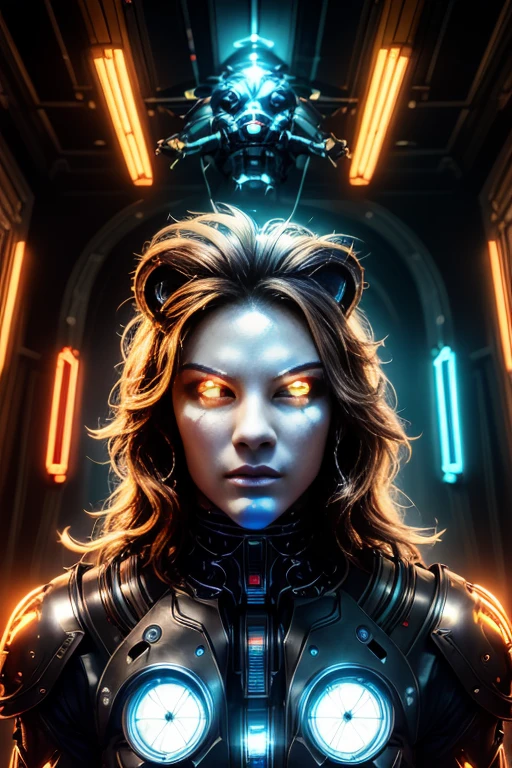 a cyberpunk humanoid lion, futuristic cyborg lion, metal lion, robotic feline, intricate machinery, glowing eyes, neon lights, fullbody, dark moody atmosphere, dynamic composition, cinematic lighting, vibrant colors, digital art, 8k, high quality, masterpiece, photorealistic