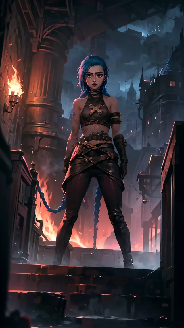 (masterpiece, Best quality), 1 girl, portrait, very sexy, crazy look, smile, crying, pink tears, tears on the cheeks, tears from eyes, full length (full body 1.1.), очень feminine, fighting stance, battle, fire, explosions, burning city, Beautiful waist, gloomy composition, flame, fire, Flash, very beautiful, feminine, long hair, hair braided in long braids, very sexy, tight leather pants, emphasis on the eyes, face accent, Beautiful face, Hands, Hair, Haired ponytail, red purple eyes, Джинкс crying, Blue cloud tattoo, (masterpiece, Best quality), Side lighting, beautiful detailed eyes, crazy face), (Best quality), (masterpiece), magic photography, Spectacular lighting, Photorealism, ultra detailed, интимная portraitная композиция, 1. 4,8 k UHD, aesthetic, Cd., A high resolution, 8 k, better lighting, Best shade, Ultra-HD, A high resolution, sharp focus, Complex background, Cinematic lighting, ((Landscape view)), 4K block, (better lighting), ((Cinematic lighting)),