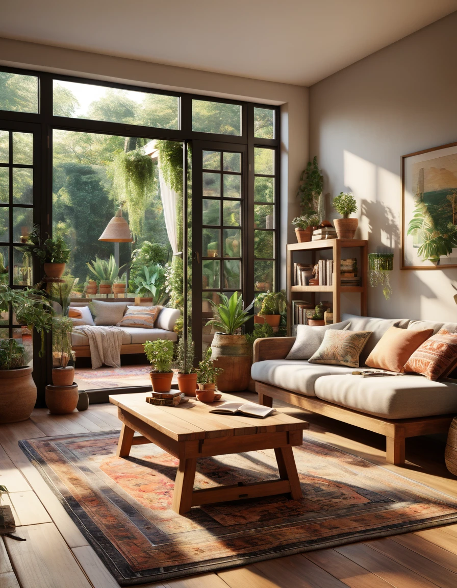 Create a hyper-realistic image of a cozy, sunlit room with a low wooden table and floor cushions. The room should have a large window letting in natural light, illuminating the space. Include elements such as potted plants, a patterned rug, and bookshelves filled with books and small decorative items. The window should offer a view of a lush garden outside. Use warm, inviting colors and soft lighting to enhance the cozy atmosphere. The overall scene should be serene and welcoming, capturing the essence of a peaceful and comfortable living space