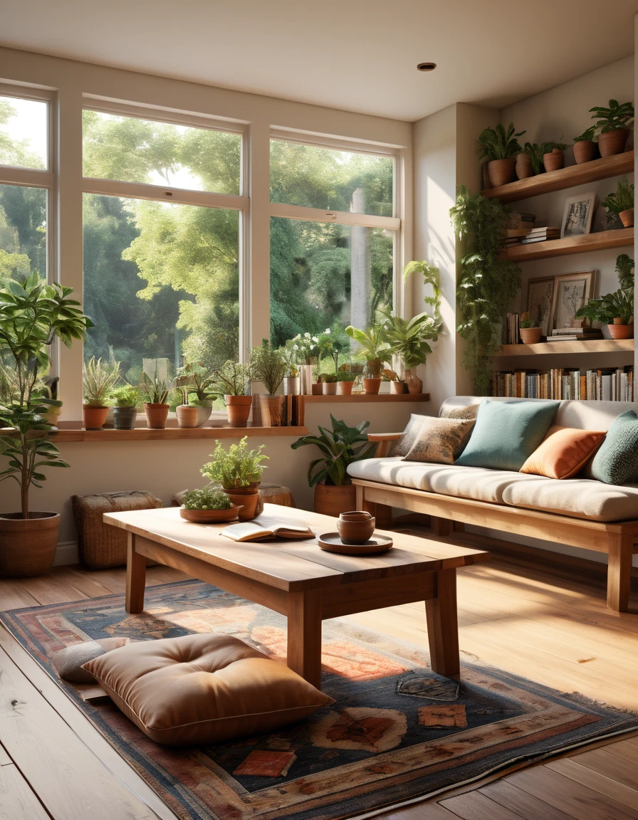 Create a hyper-realistic image of a cozy, sunlit room with a low wooden table and floor cushions. The room should have a large window letting in natural light, illuminating the space. Include elements such as potted plants, a patterned rug, and bookshelves filled with books and small decorative items. The window should offer a view of a lush garden outside. Use warm, inviting colors and soft lighting to enhance the cozy atmosphere. The overall scene should be serene and welcoming, capturing the essence of a peaceful and comfortable living space