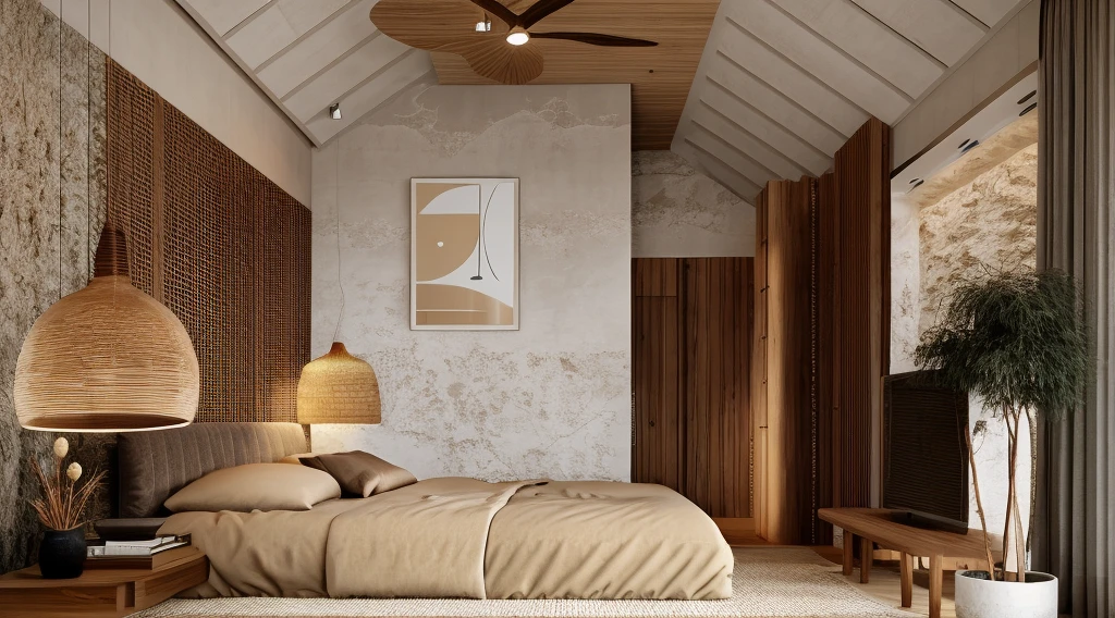 Bedroom interior, wabisabi style, wabisabi, (actual: 1.2), Raw photo, Masterpiece, high quality, Has a large glass area to let natural light shine in, best quality, authentic, super detailed details, cinematic lighting, rough walls, wooden ceiling with light slits