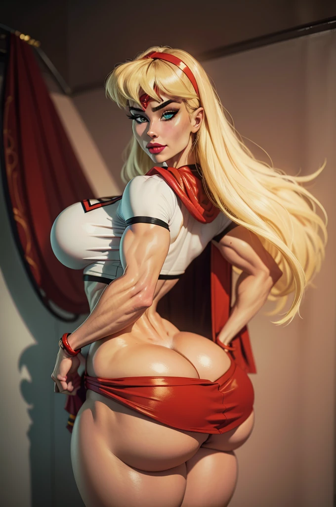 ass, on stomach, lying, (from behind:1.4),, WITH YOUR BACK TO THE CAMERA,((ultra quality)),(looking at viewer), ((masterpiece)), supes, cute smile, smile, ((long blonde hair)), (Beautiful face), (beautiful female lips), (), charming, ((sexy facial expression)), (white skin color), (white skin), glare on the body, ((detailed beautiful female eyes)), ((dark brown eyes)), (juicy female lips), (dark eyeliner), (crop top, midriff, cape )(((headband))), (((red long skirt))), wide eyebrows, abs, slanted green eyes, makeup eyelids, big cheekbones, thin cheeks, defined jaw, (beautiful female hands), ((ideal female figure)), ideal female body, beautiful waist, gorgeous thighs, beautiful huge breasts, cleavage,((subtle and beautiful)), sexy worth
