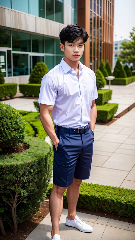 Masterpiece, best quality, High quality, วอลล์เปเปอร์ CG unity 8k ที่มีvery detailed, depth of field, HDR,,photorealistic,very detailed, 1 man sitting on a chair, Asia, black short hair, , (Thai , white shirt), blue cargo shorts, chest muscles, Big arm muscles, blood vessel, big muscles, Broad shoulders, looking at the audience, Balancing the eyes, (Make eye contact) (outside the building:1.3)