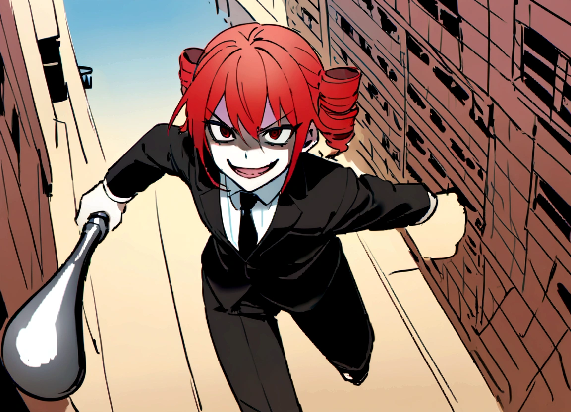 Red hair、Black suit、Black slacks、Wearing leather shoes、swinging a silver metal baseball bat、Scary smile、In town、Daytime