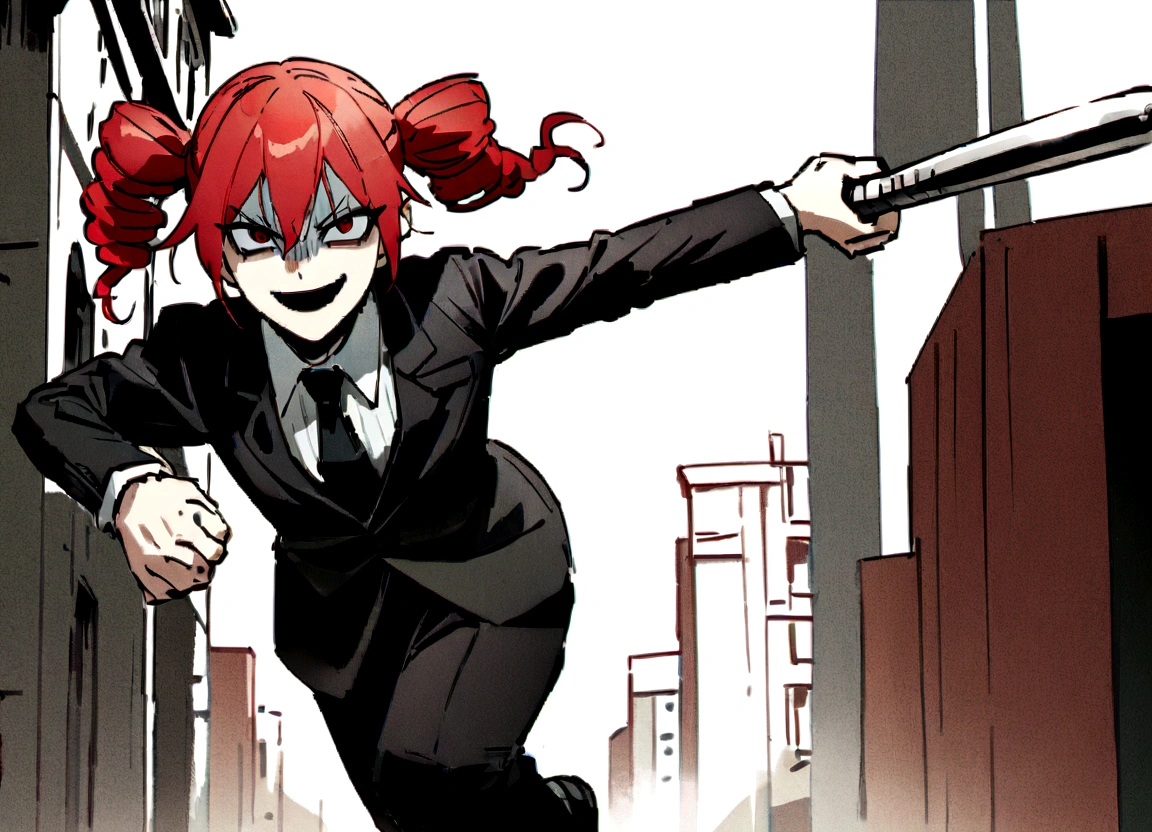 Red hair、Black suit、Black slacks、Wearing leather shoes、swinging a silver metal baseball bat、Scary smile、In town、Daytime