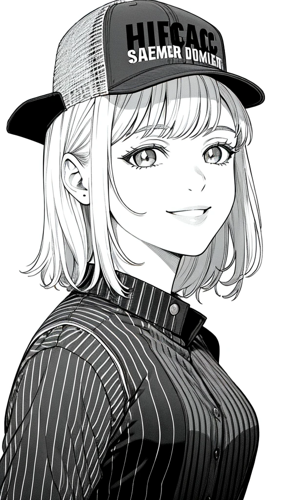 Masterpiece, best quality, (detailed background), high contrast, 1 girl,wearing trucker hat, highly detailed face, wide shot portrait, smiling face,casual summer holiday stripes sleeveless shirt, looking to the sky,beach background, clean line drawings,black and white only