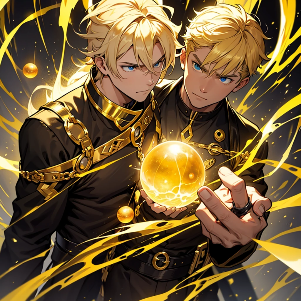 The dark blond-haired hero with the power to conjure orbs of yellow energy, adolescent, black clothes, yellow and gold. Pure and innocent