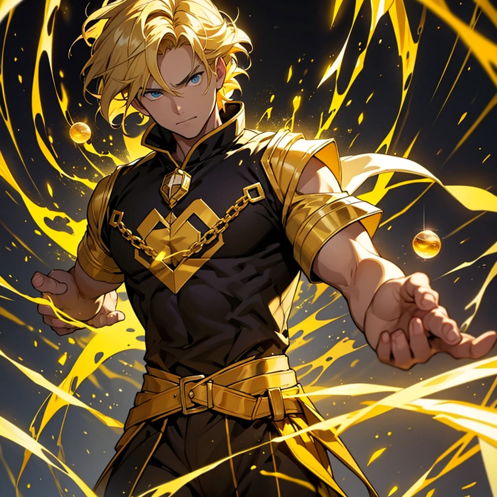 The dark blond-haired hero with the power to conjure orbs of yellow energy, adolescent, black clothes, yellow and gold. Pure and innocent