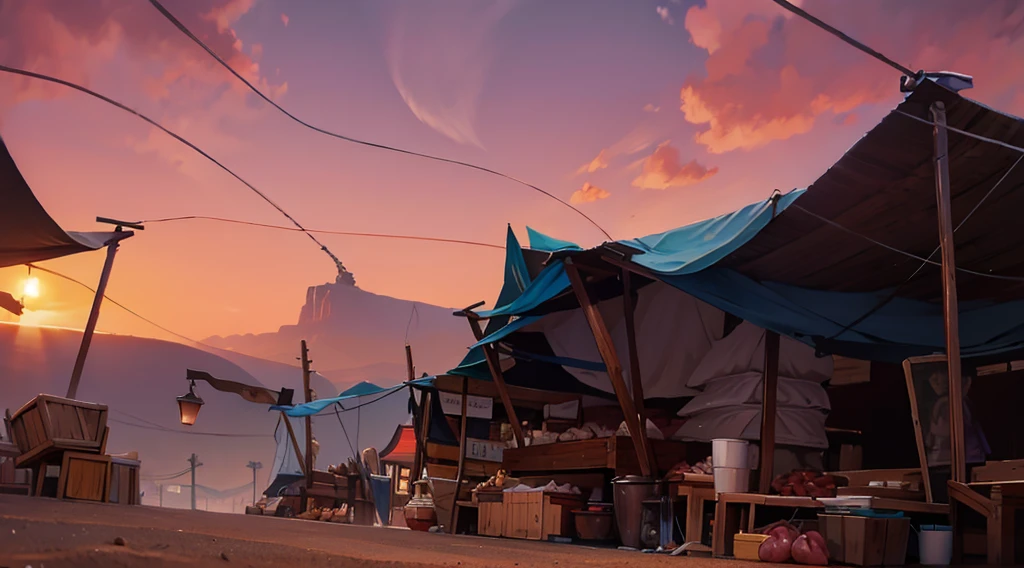traditional market, market tents, butchery, (they sell human flesh, meats, bones), wooden table, wooden boxes, wooden basket, string, sand ground, dawn sky, dark morning,