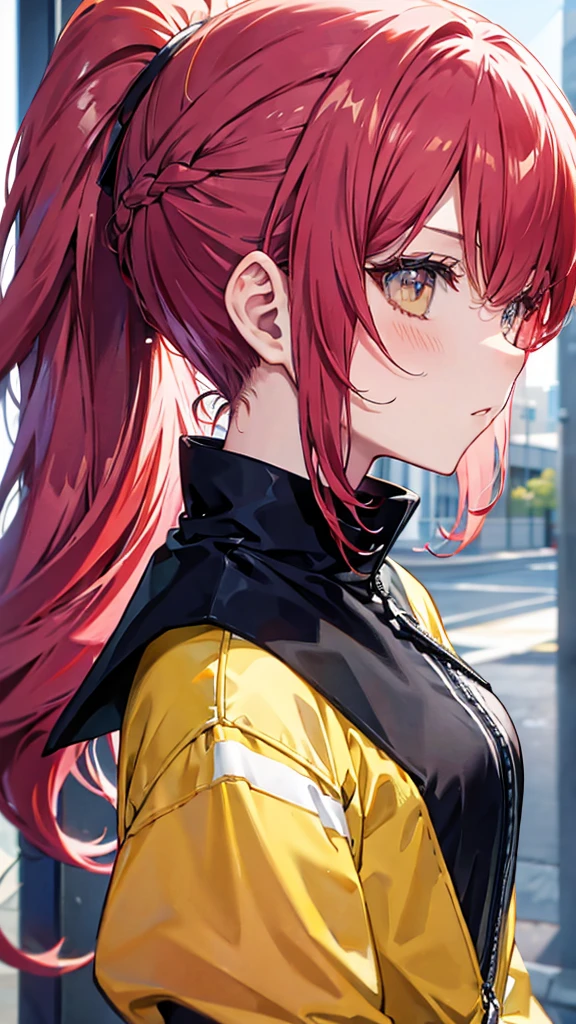 profile background, anime girl, serious face, ponytail, long red hair, blush, eyes yellow, student clothing, high-res portrait, detailed eyes and face, character, fantasy, advanced urban, from the front, 4K, high resolution
