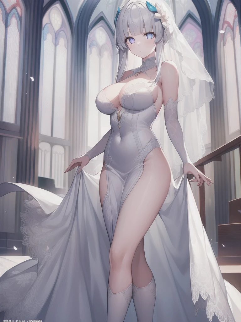 A girl，Long hair, Bangs, White hair, Hair between the eyes, Purple Eyes:（1.5),  (Large Breasts:1.2), 
rest  锁骨, Wedding dress，veil，wedding，White dress，Flowers，Broken skirt，White socks，Tights，White knee socks，
looking at viewer, whole body,
indoors, church，Standing，Standing，
rest (masterpiece:1.2), best quality, high resolution, Unity 8k Wallpaper, (illustration:0.8), (Beautiful and delicate eyes:1.6), Extremely detailed face, Perfect lighting, Extremely detailed CG, (Perfect hands, Perfect anatomical structure),