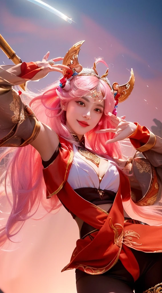 a close up portrait of a beautiful girl with long pink hair,extremely detailed and realistic face and eyes,radiant smile,delicate facial features,elegant onmyoji outfit,ornate headdress,mystical aura,dramatic lighting,cinematic composition,highly detailed,photorealistic,masterpiece,8k,ultra-detailed,studio lighting,vibrant colors,fantasy,digital art