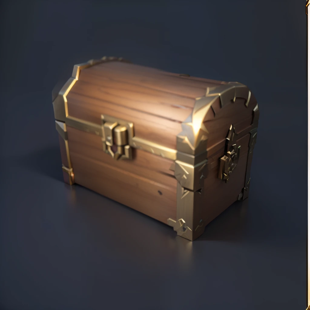 Wood grain treasure chest with bronze metal trim，Loot Boxes, Treasure ，A small amount of gold coins and sapphires，Metallic luster，Game assets, Treasure artifact, 3d icons for mobile games，Diablo concept style，