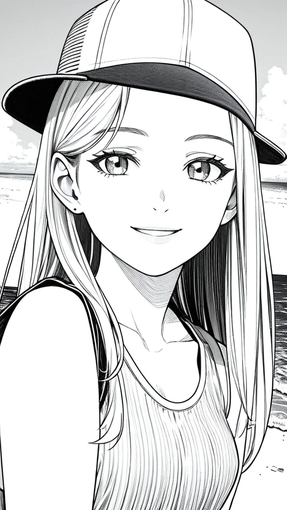 Masterpiece, best quality, (detailed background), high contrast, 1 girl,wearing trucker hat, highly detailed face, wide shot portrait, smiling face,casual summer holiday sleeveless shirt, looking to the sky,beach background, clean line drawings,black and white only