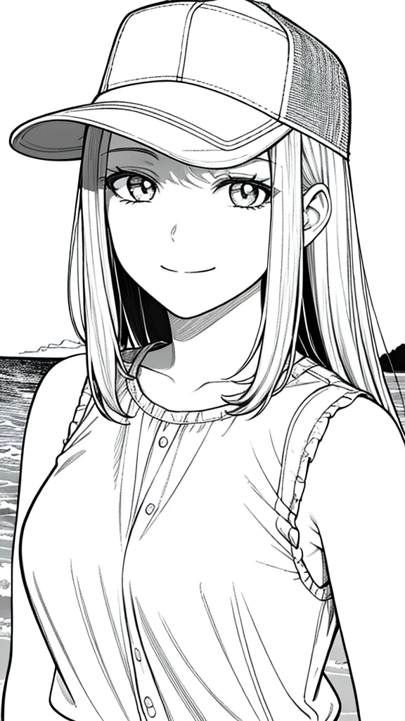 Masterpiece, best quality, (detailed background), high contrast, 1 girl,wearing trucker hat, highly detailed face, wide shot portrait, smiling face,casual summer holiday sleeveless shirt, looking to the sky,beach background, clean line drawings,black and white only