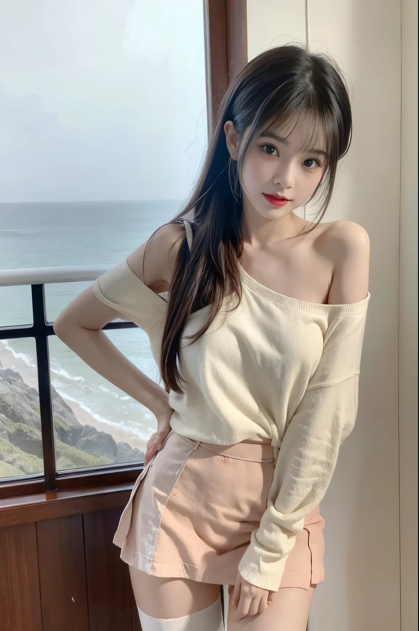 single bare shoulder shirt long ((Bare shoulder)), Double eyelids,Skin Whitening,Long hair,Whitening long legs,Standing by the sea, Fashion Girl, Red lips, Sweet Girl, Beautiful makeup, detail, lifelike, Very detailed, Astonishing, beautiful, Young and energetic, high quality,HD, Colorful, Beautifully, Smooth skin, The skirt is very short, Official Art, Extremely detailed, Movie atmosphere, Soft colors, Natural skin texture, Random scene, random shooting Angle, Black over-the-knee socks, lace hem
