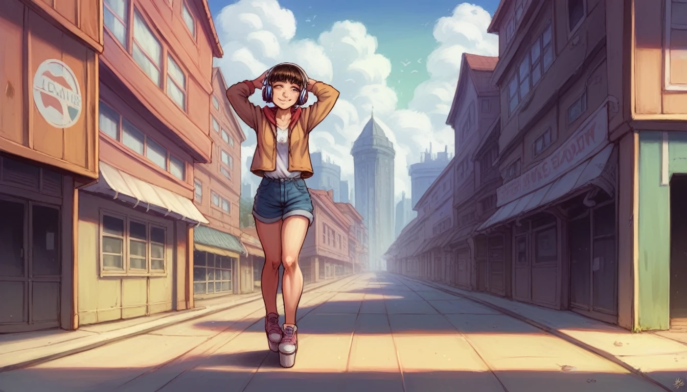 masterpiece, (((wearing headphones))). (anime girl posing). ((1990s anime)). ((City Pop girl)). Gorgeous features . Hyper detailed. High definition. Anime style. HDR. 8k. This contrast between the fantastical character and the more bold color scheme and elements gives the piece an intriguing narrative quality. painted realism, photorealistic, fantasy digital art,Render Related Information: 32K resolution,Expressive details, Season: summer, Time: Dawn, (((Waiting on the station platform to catch the train before going to school ))),full body,smile.Moonlight illuminates the dimly lit room.90s,short hair girl,beautiful girl,(((A woman whose back can be seen up to her waist))),(woman ),