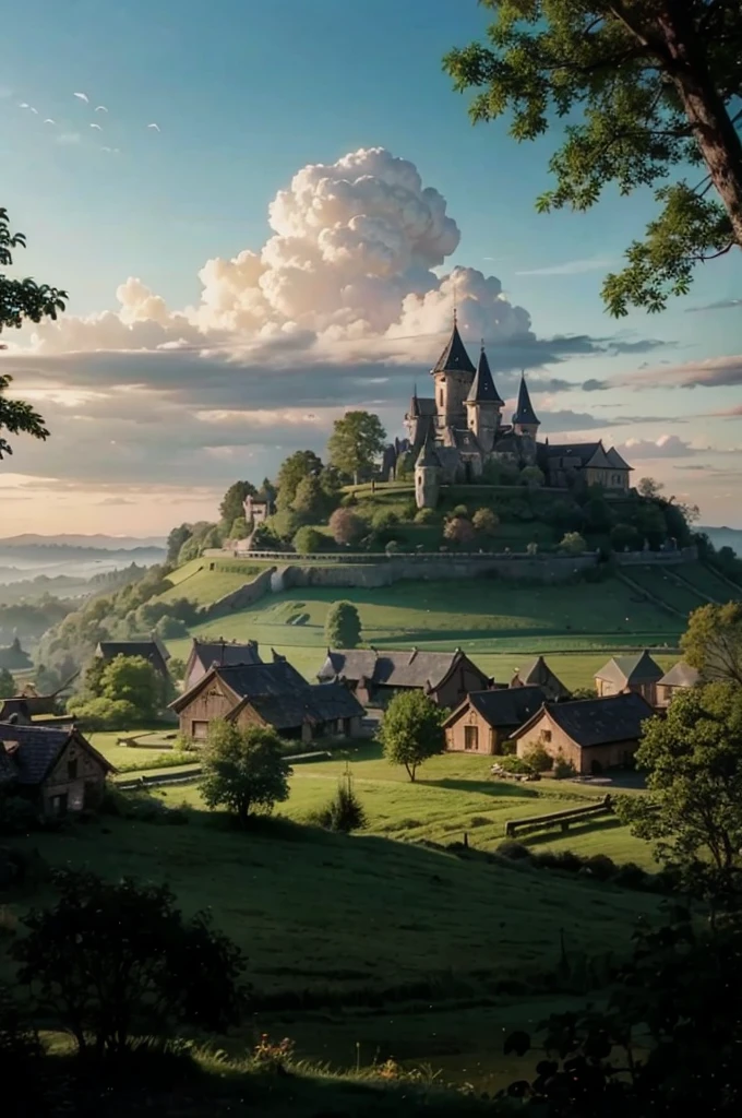 Fantasy forest with small village in the far distant