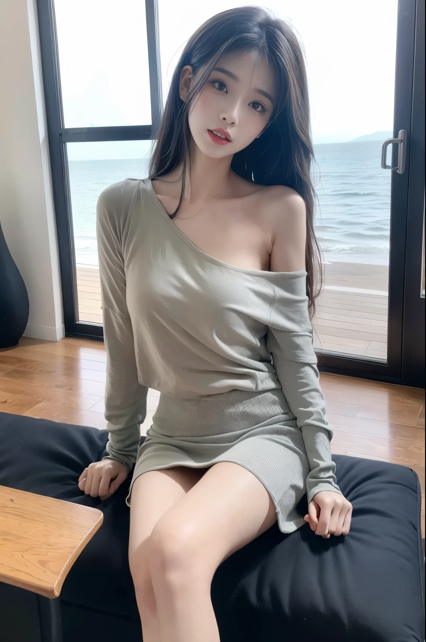 single bare shoulder shirt long ((Bare shoulder)), Double eyelids，Skin Whitening，Long hair，Whitening long legs，Standing by the sea, Fashion Girl, Red lips, Sweet Girl, Beautiful makeup, detail, lifelike, Very detailed, Astonishing, beautiful, Young and energetic, high quality，HD, Colorful， Beautifully, Smooth skin, The skirt is very short, Official Art, Extremely detailed, Movie atmosphere, Soft colors, Natural skin texture, Random scene, random shooting Angle, Black over-the-knee socks, lace hem