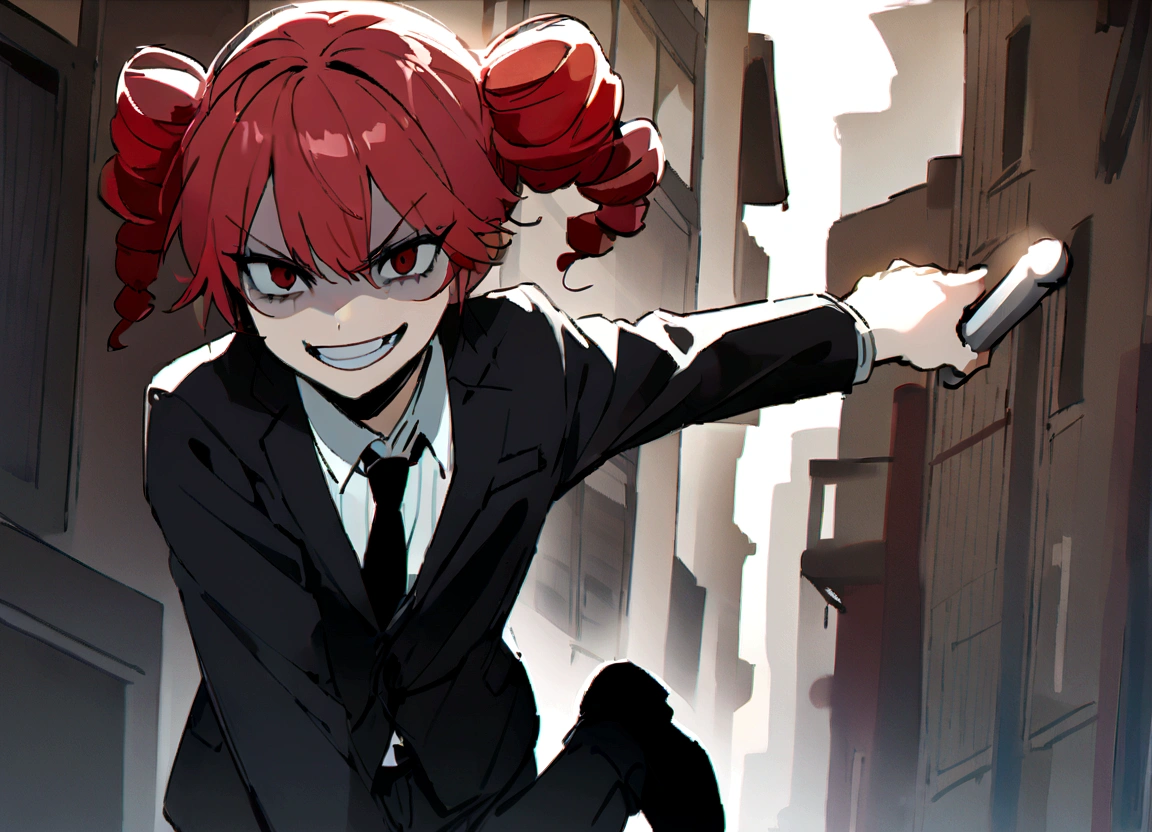 Red hair、Black suit、Black slacks、Wearing leather shoes、swinging a silver metal baseball bat、Scary smile、In town、Daytime