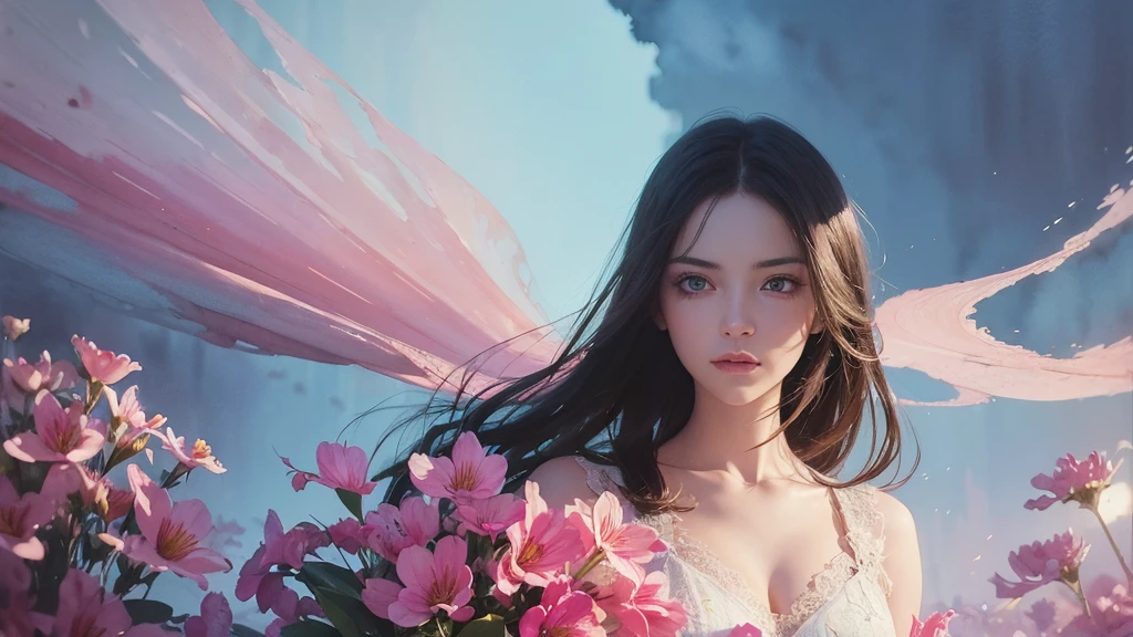 32k, Masterpiece, Highest quality, One girl, Detailed eyes, flower,Alstroemeria, Pink and light blue style,A dreamy, romantic piece,Pale yellow, Mysterious Leaves,A playful arrangement,Fantasy,High Contrast,Ink strokes,explosion,Exposure, Impression of pink and light blue tones,Abstract,((Watercolours by John Berkey and Jeremy Mann )) Brush strokes,Negative Space, Tyndall effect,