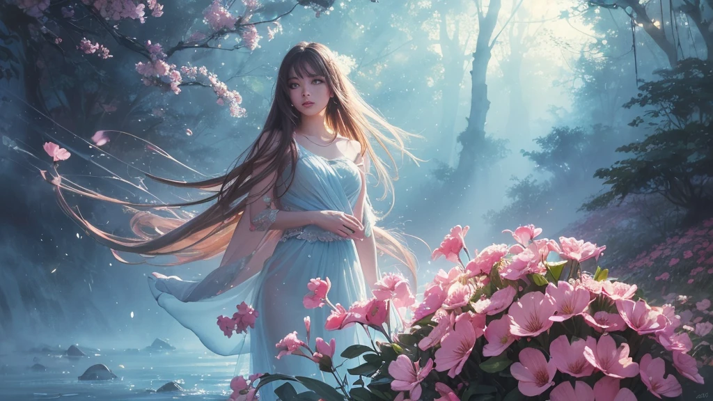32k, Masterpiece, Highest quality, One girl, Detailed eyes, flower,Alstroemeria, Pink and light blue style,A dreamy, romantic piece,Pale yellow, Mysterious Leaves,A playful arrangement,Fantasy,High Contrast,Ink strokes,explosion,Exposure, Impression of pink and light blue tones,Abstract,((Watercolours by John Berkey and Jeremy Mann )) Brush strokes,Negative Space, Tyndall effect,